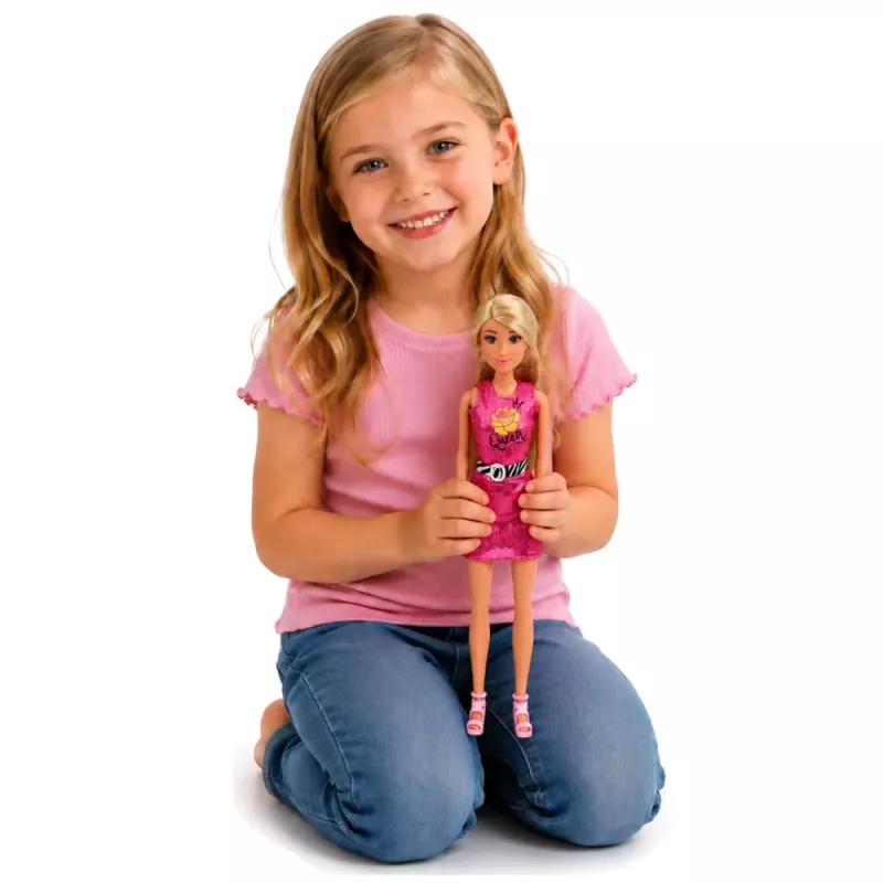 LEAN TOYS Muñeca Anlily con vestido rosa, bolso, joyas, set de accesorios