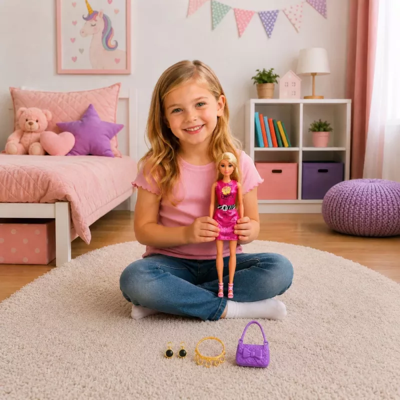 LEAN TOYS Muñeca Anlily con vestido rosa, bolso, joyas, set de accesorios