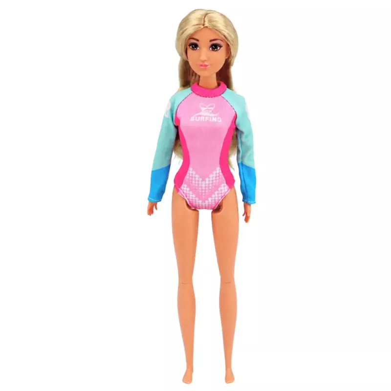 LEAN TOYS Muñeca Anlily surfista con neopreno y set de accesorios de tabla de surf