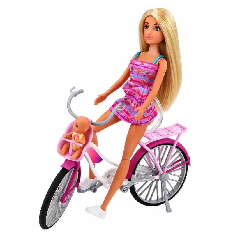 LEAN TOYS Muñeca Anlily con vestido rosa con bicicleta y set de asiento para bebé