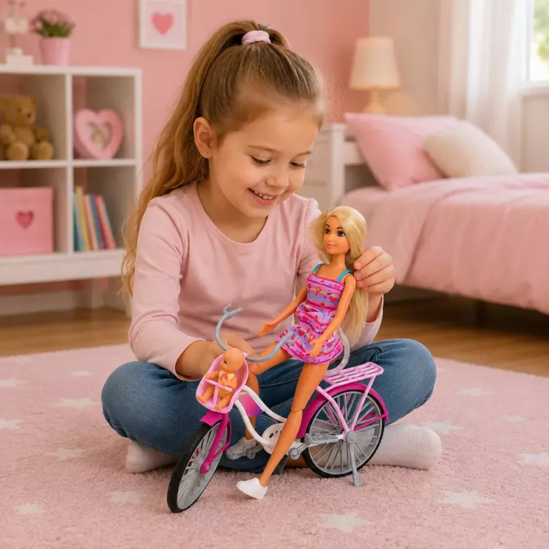 LEAN TOYS Muñeca Anlily con vestido rosa con bicicleta y set de asiento para bebé