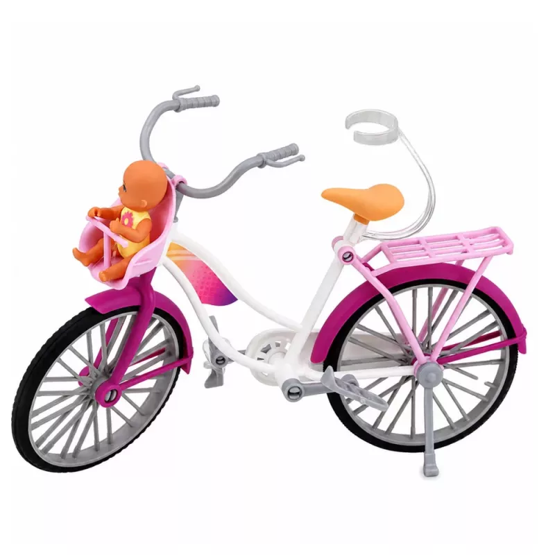 LEAN TOYS Muñeca Anlily con vestido rosa con bicicleta y set de asiento para bebé