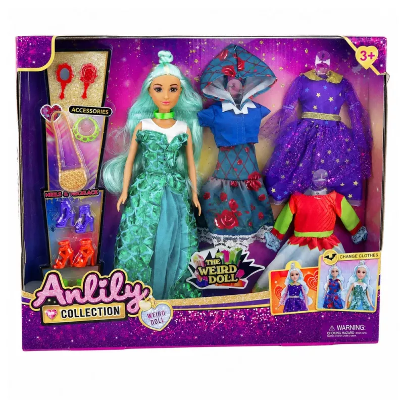 LEAN TOYS Muñeca Anlily Weird con disfraces de fantasía, vestidos, accesorios, zapatos
