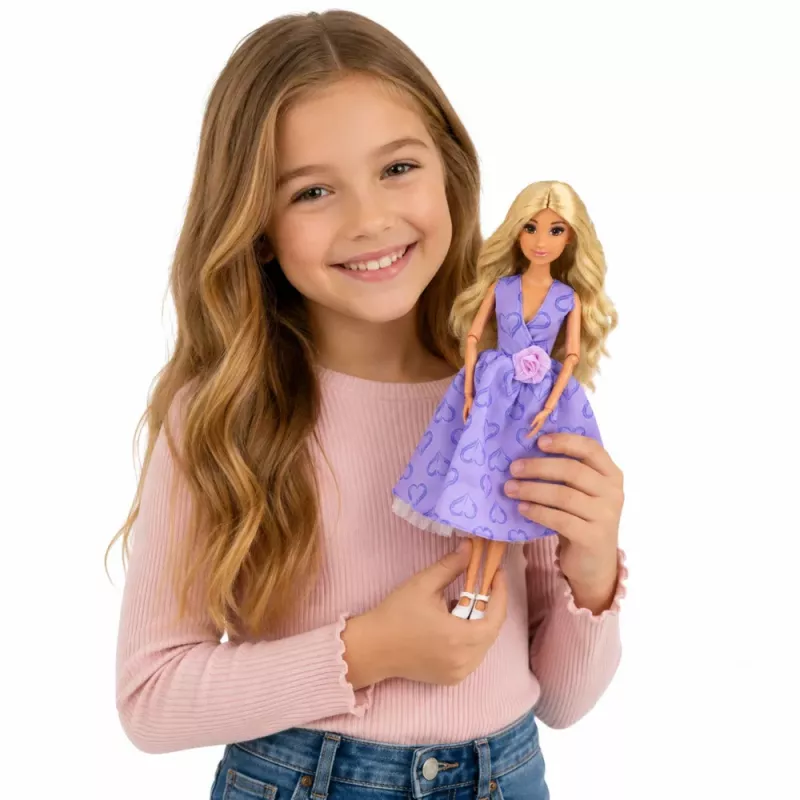 LEAN TOYS Muñeca Anlily fashion con vestido lila con corazones y set de accesorios de bolso