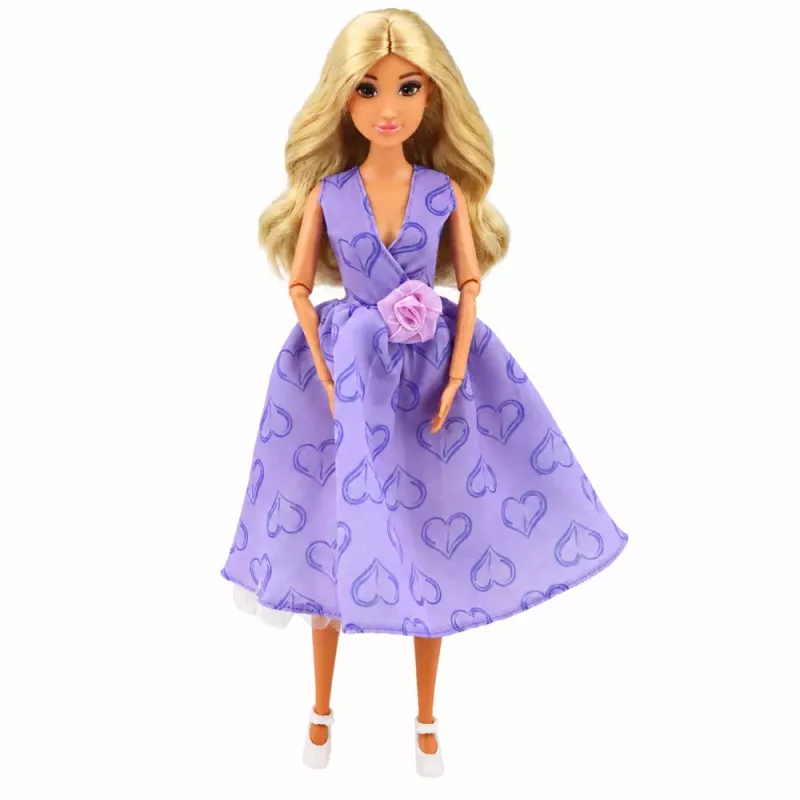 LEAN TOYS Muñeca Anlily fashion con vestido lila con corazones y set de accesorios de bolso