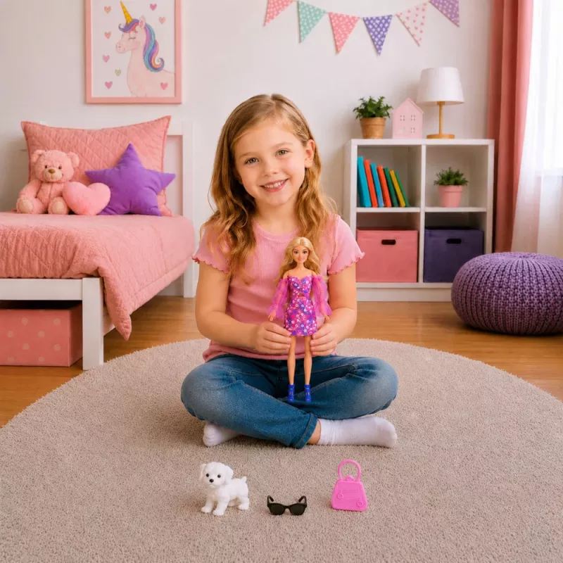LEAN TOYS Muñeca Anlily fashion con vestido rosa, perro blanco, bolso, gafas set
