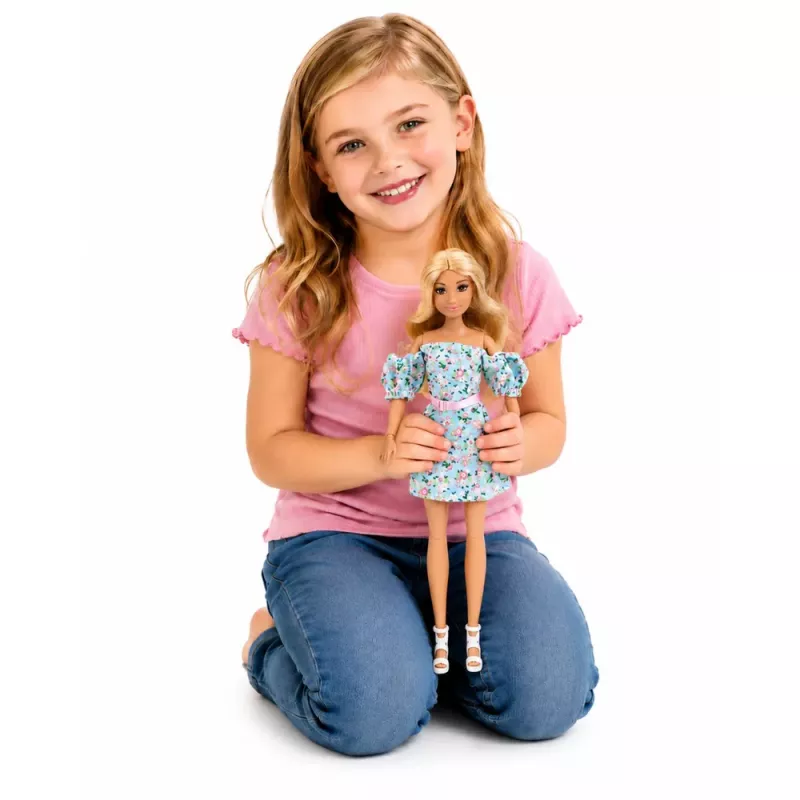 LEAN TOYS Muñeca Anlily fashion con vestido azul floral, bolso y set de accesorios