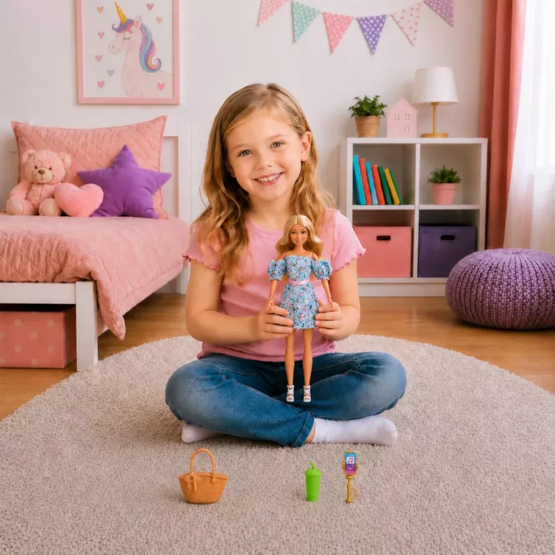 LEAN TOYS Muñeca Anlily fashion con vestido azul floral, bolso y set de accesorios