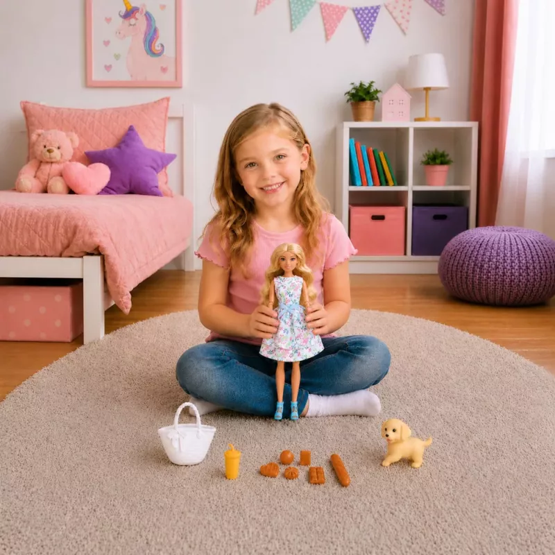 LEAN TOYS Muñeca Anlily con perro, vestido de flores, bolso, snacks, set de accesorios