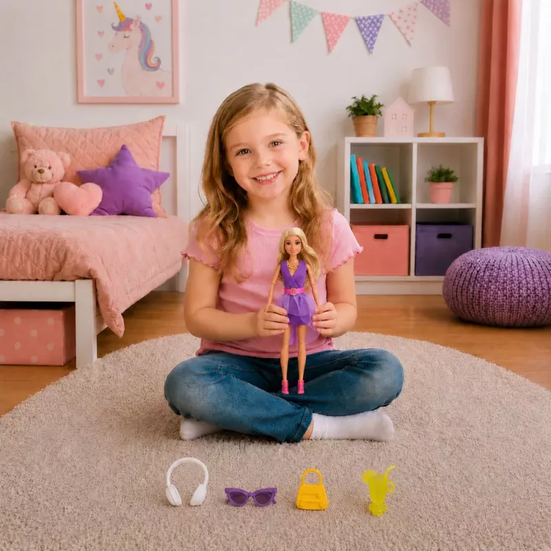 LEAN TOYS Muñeca Anlily fashion con vestido lila con auriculares y set de accesorios