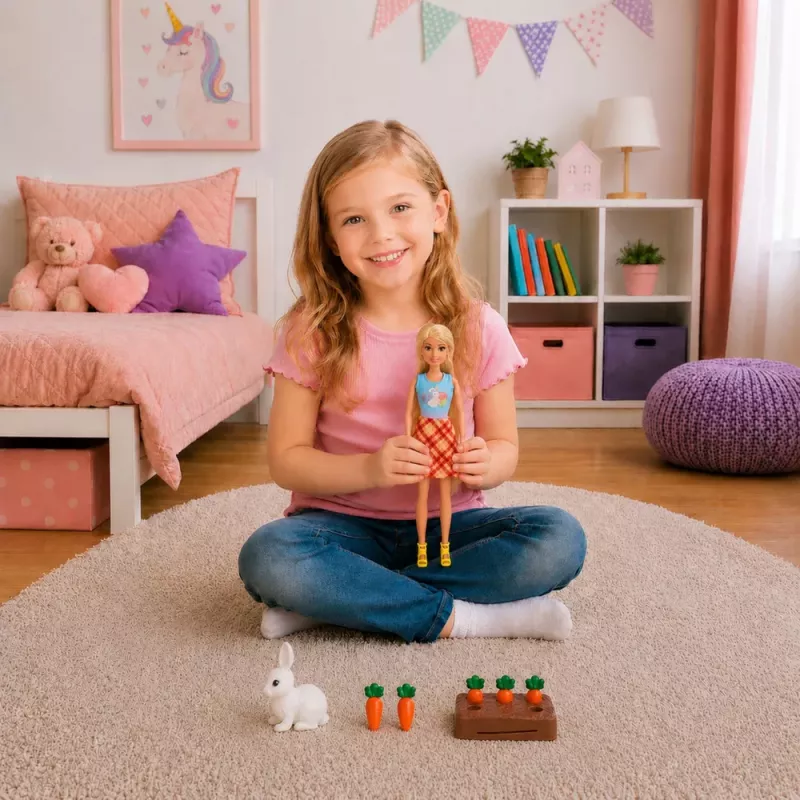 LEAN TOYS Muñeca Anlily con conejo blanco y zanahorias soporte de zanahorias set