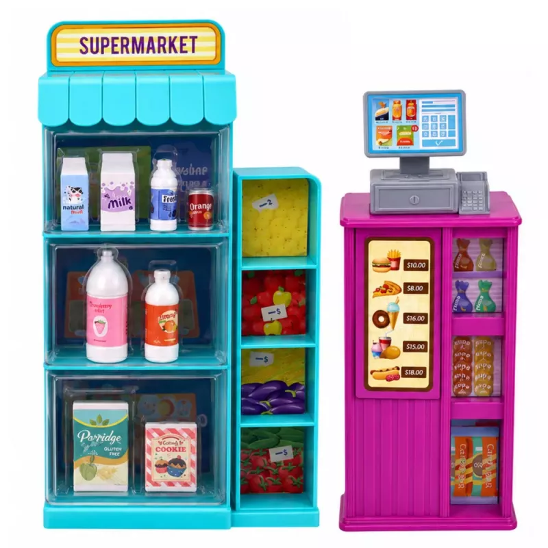 LEAN TOYS Muñeca Anlily con caja registradora de supermercado, carrito de compra y cochecito set