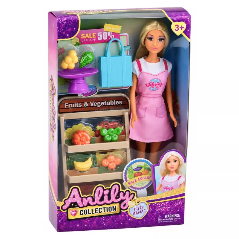 LEAN TOYS Muñeca Anlily vendedora de verduras y frutas tienda set de accesorios
