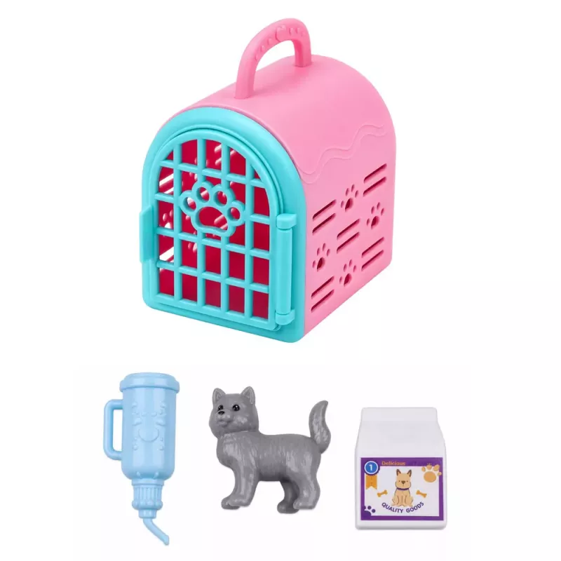 LEAN TOYS Muñeca Anlily con transportín de mascota gatito gris set de accesorios