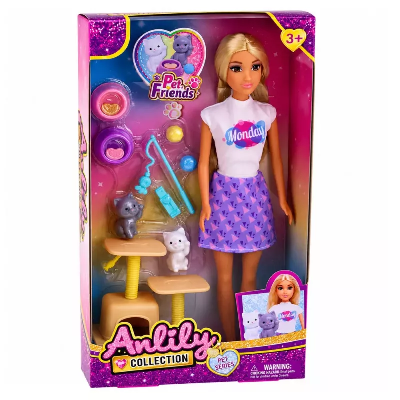 LEAN TOYS Muñeca Anlily con gatito rascador accesorios para gatos cuencos juguete set