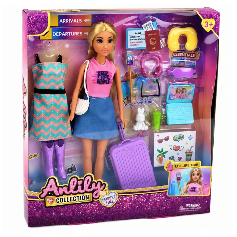 LEAN TOYS Muñeca Anlily viajera con maleta, almohada de viaje, accesorios de portátil
