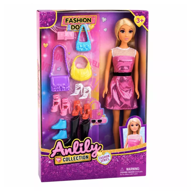 LEAN TOYS Muñeca Anlily fashion con vestido rosa set con bolsos, zapatos y accesorios