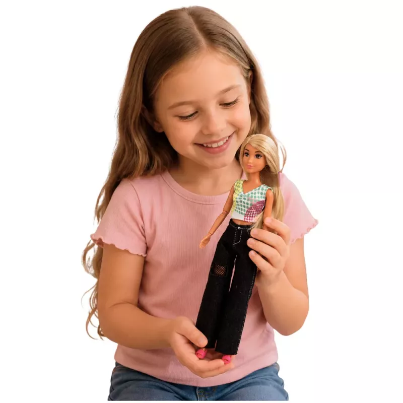 LEAN TOYS Muñeca Anlily fashion con vaqueros oscuros, top colorido, pelo rubio
