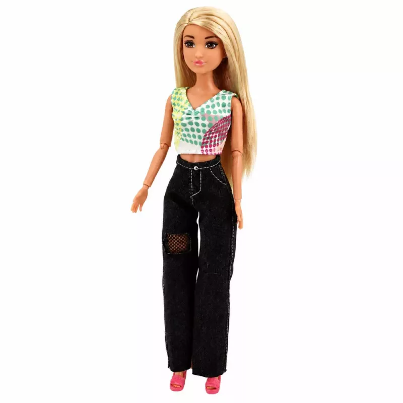 LEAN TOYS Muñeca Anlily fashion con vaqueros oscuros, top colorido, pelo rubio