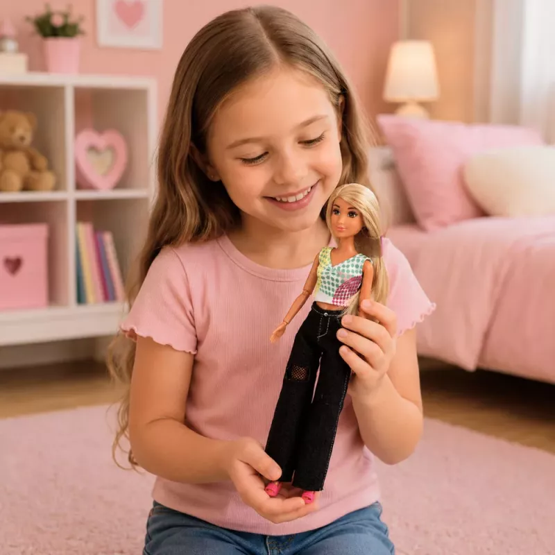 LEAN TOYS Muñeca Anlily fashion con vaqueros oscuros, top colorido, pelo rubio