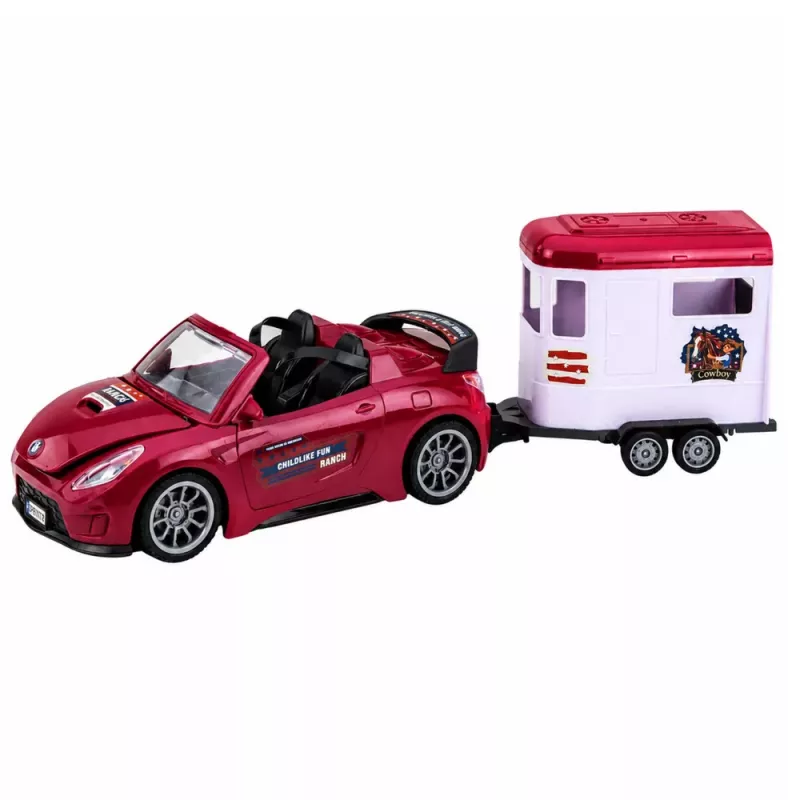 LEAN TOYS Descapotable burdeos con remolque para caballos, puertas que se abren, set 1:24 die-cast