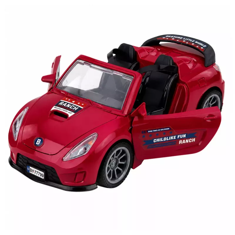 LEAN TOYS Descapotable burdeos con remolque para caballos, puertas que se abren, set 1:24 die-cast