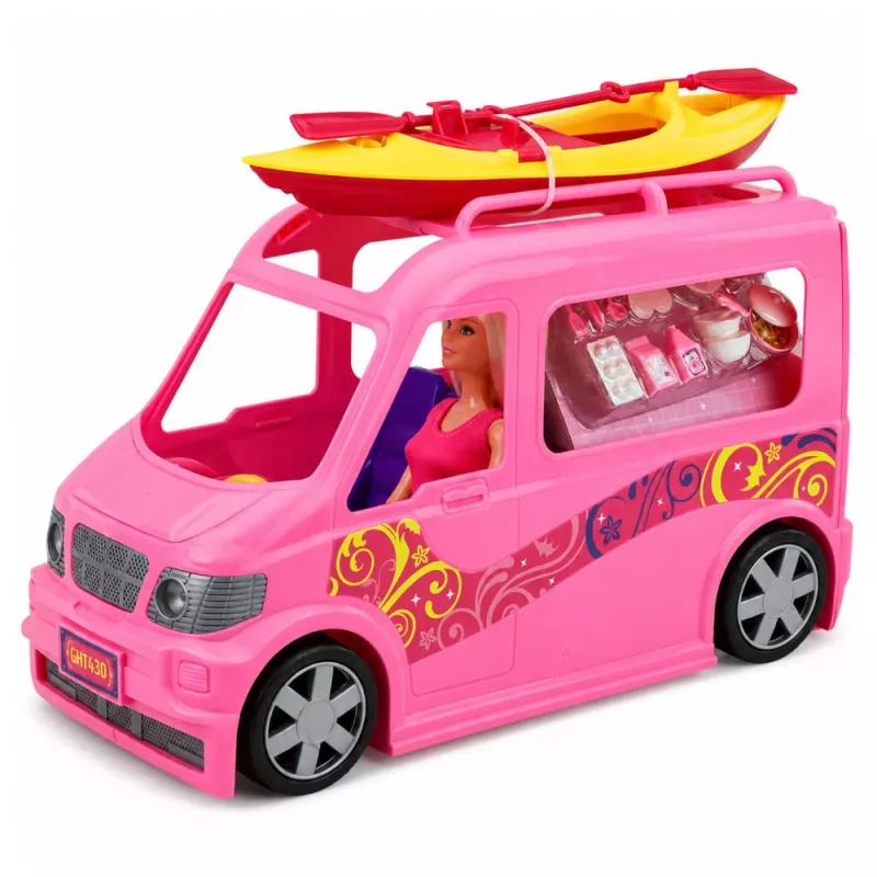 LEAN TOYS Muñeca viajera con caravana y accesorios de kayak, efectos de luz y sonido, set
