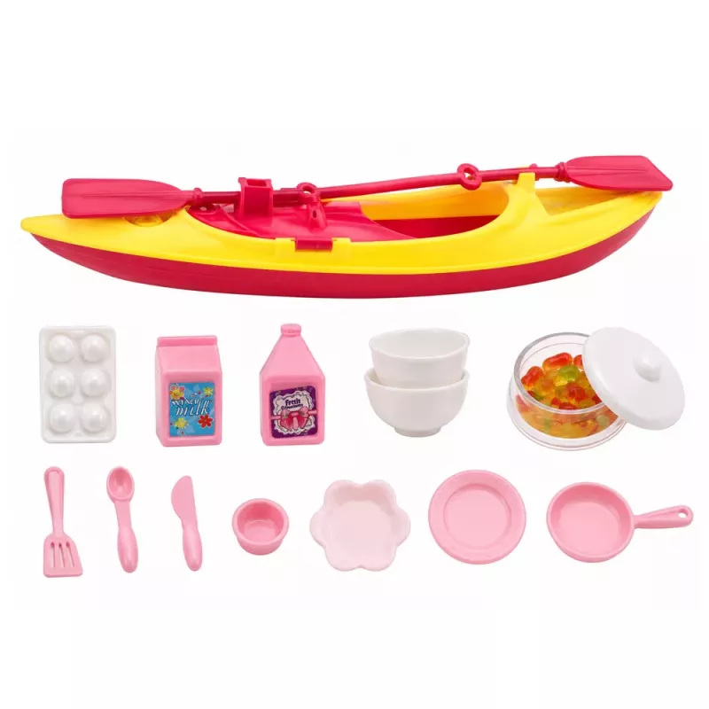 LEAN TOYS Muñeca viajera con caravana y accesorios de kayak, efectos de luz y sonido, set