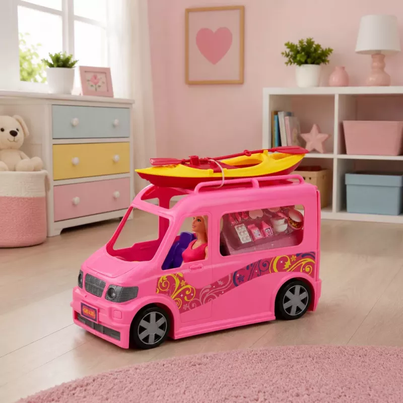 LEAN TOYS Muñeca viajera con caravana y accesorios de kayak, efectos de luz y sonido, set