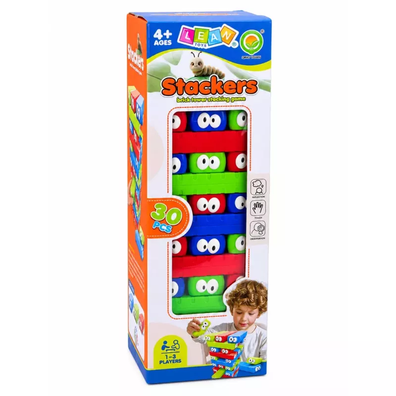 LEAN TOYS Juego de habilidad torre de bloques con dado de ojos multicolor 30 uds.
