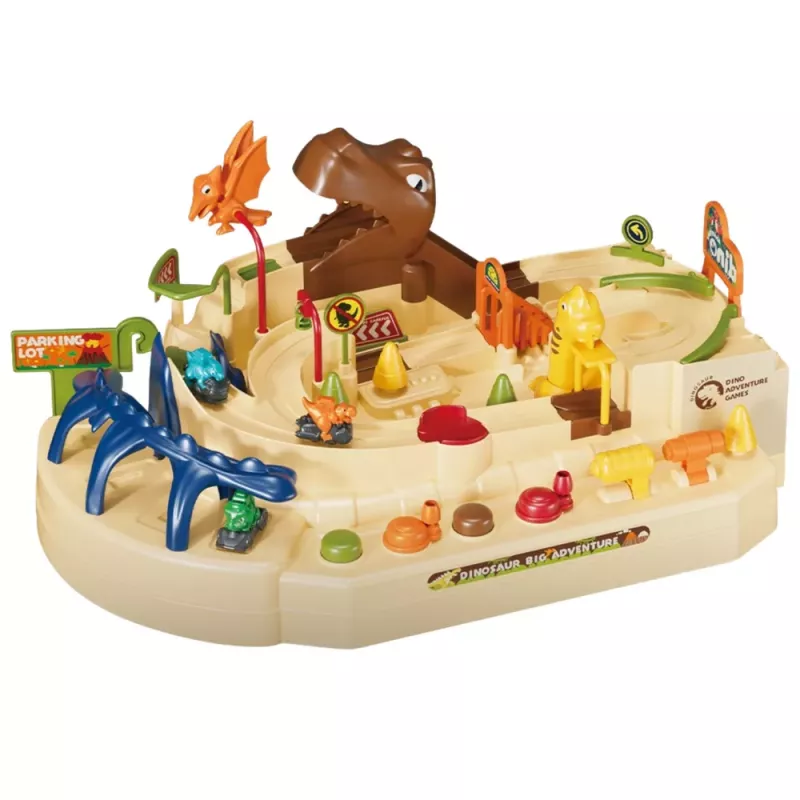 LEAN TOYS Pista arcade manual interactiva con dinosaurios 8 desafíos vehículos