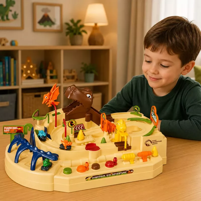 LEAN TOYS Pista arcade manual interactiva con dinosaurios 8 desafíos vehículos