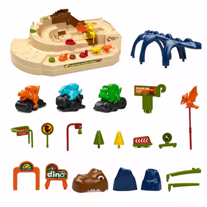 LEAN TOYS Pista arcade manual interactiva con dinosaurios 8 desafíos vehículos