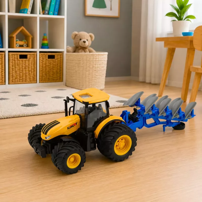 LEAN TOYS Tractor agrícola con arado de múltiples surcos luces y sonidos amarillo 1:24