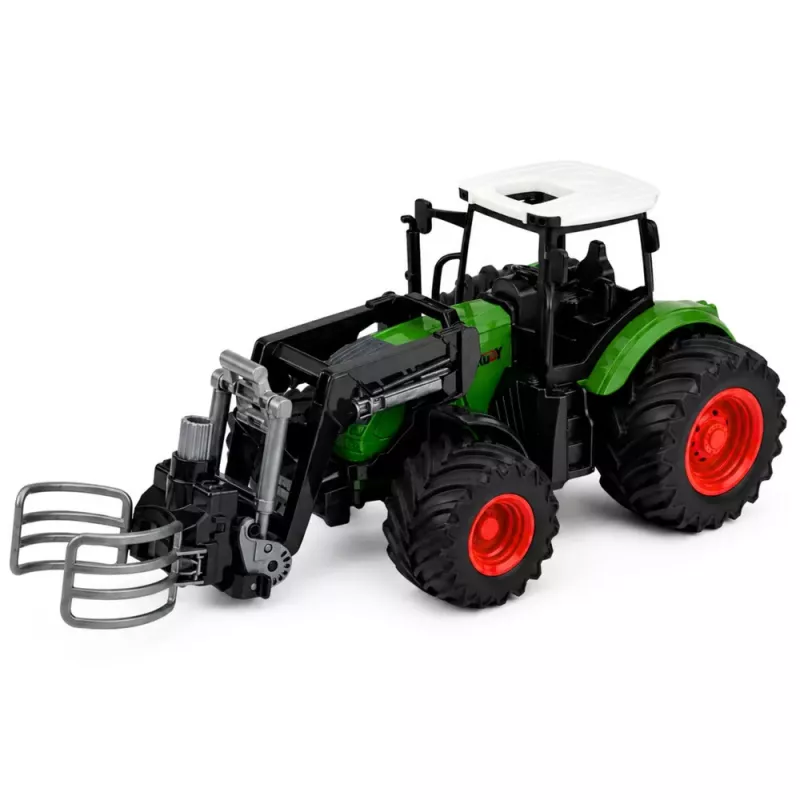 LEAN TOYS Tractor agrícola de granja con pinza para balas ruedas de goma verde 1:24