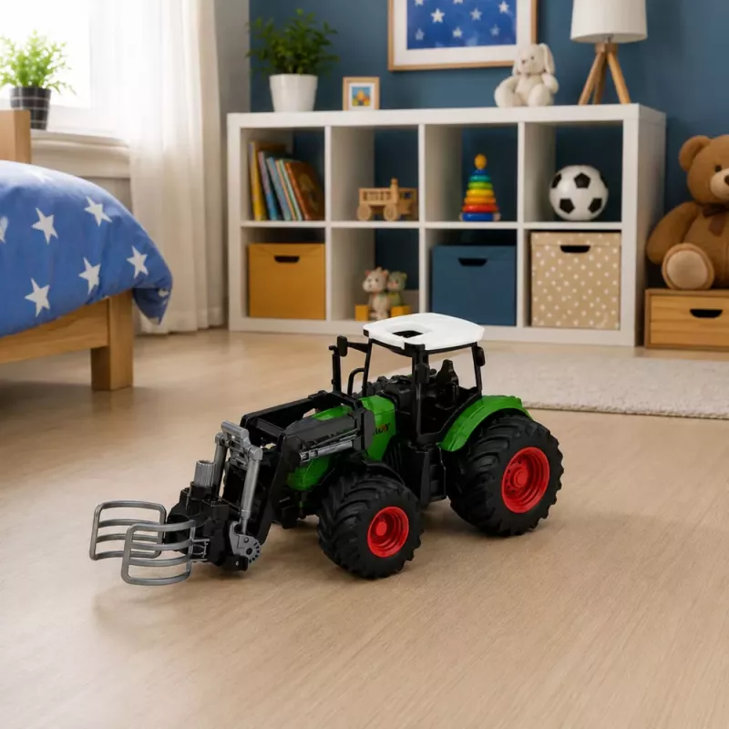 LEAN TOYS Tractor agrícola de granja con pinza para balas ruedas de goma verde 1:24