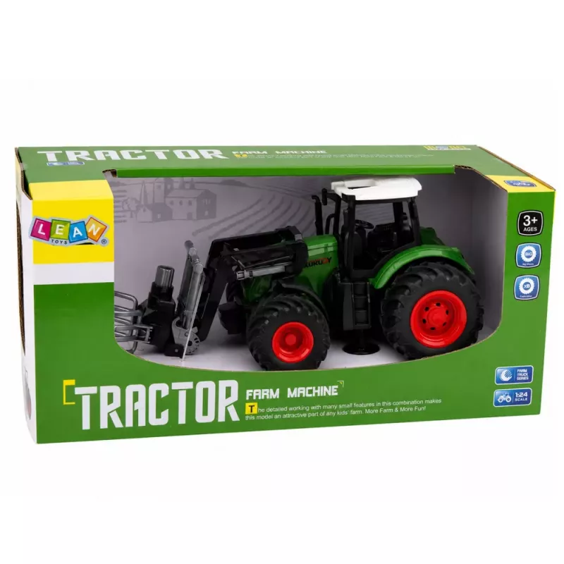 LEAN TOYS Tractor agrícola de granja con pinza para balas ruedas de goma verde 1:24