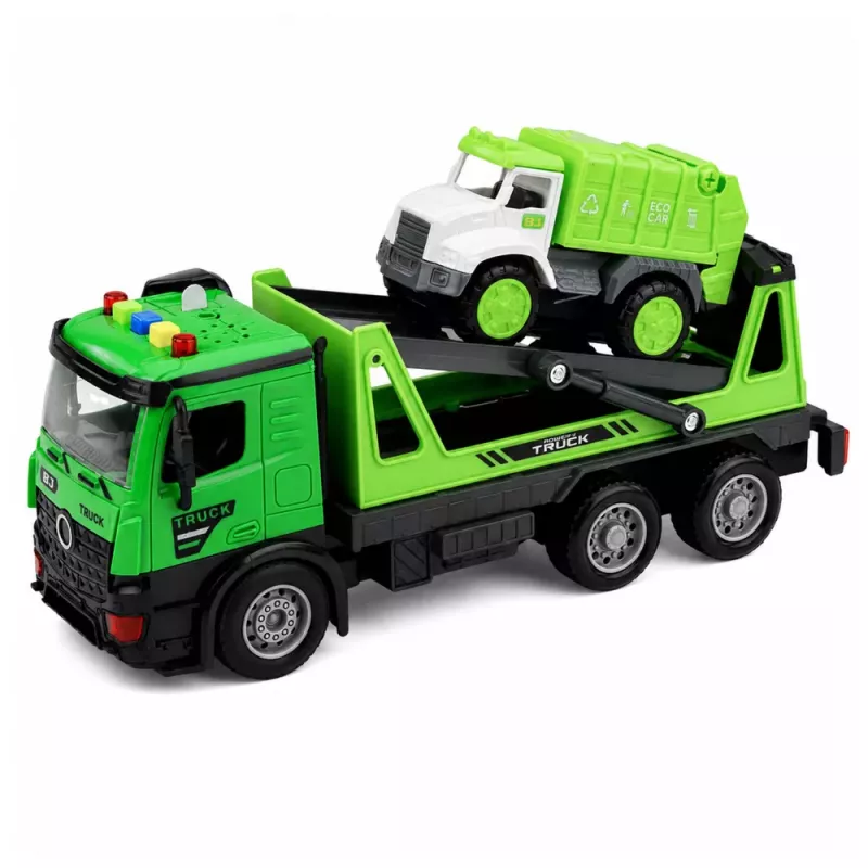 LEAN TOYS Camión grúa camión de basura set de vehículos luces y sonidos verde
