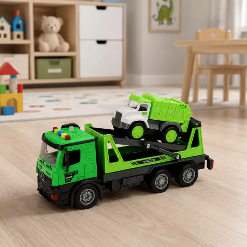 LEAN TOYS Camión grúa camión de basura set de vehículos luces y sonidos verde