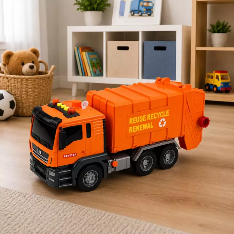 LEAN TOYS Camión de basura con contenedores, luz y sonido - naranja
