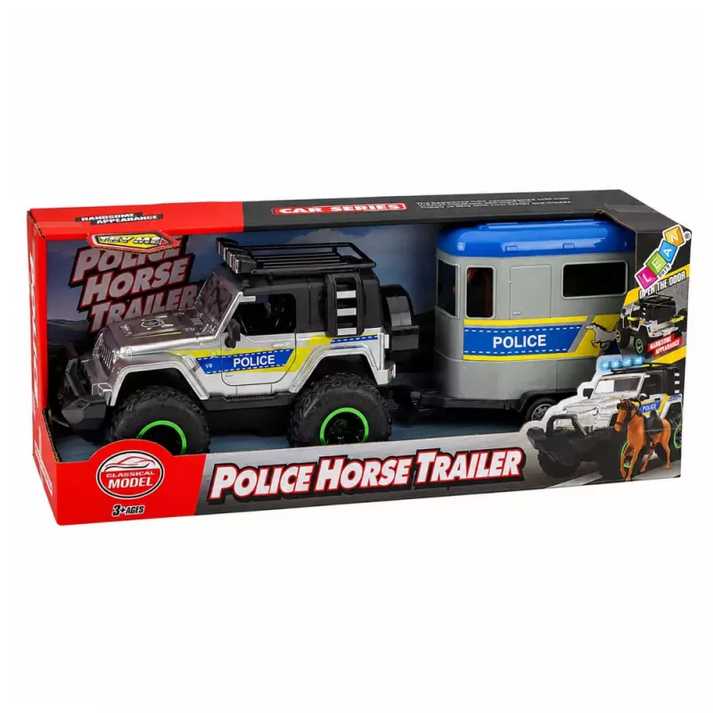 LEAN TOYS Todoterreno de policía con remolque para caballos, efectos de luz y sonido