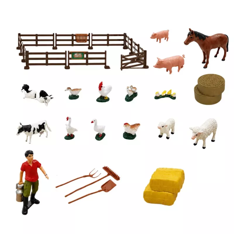 LEAN TOYS Set de granja con tractor y granero, animales, figuras y accesorios, 44 piezas