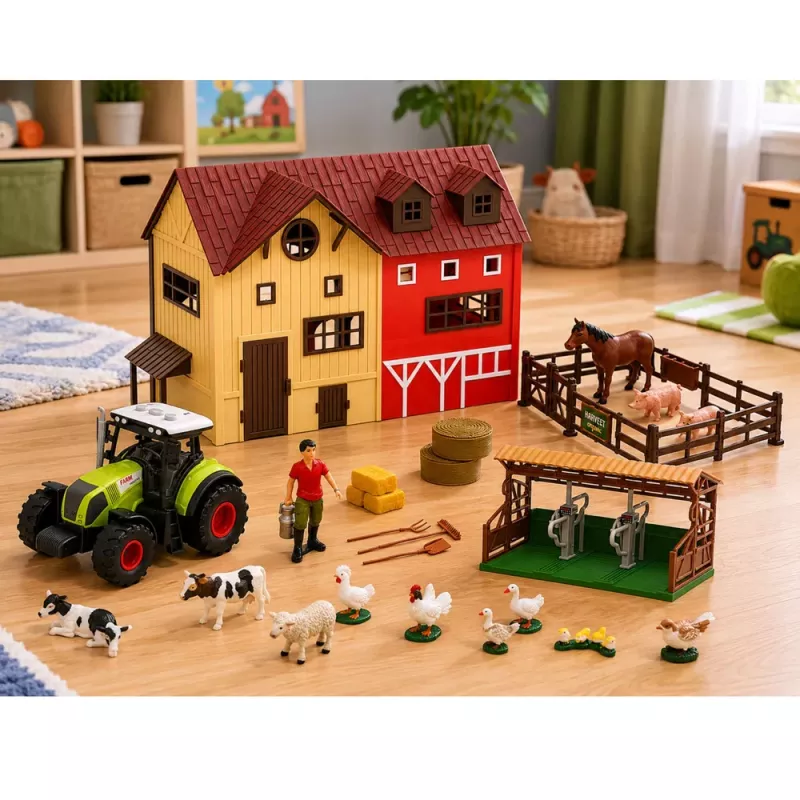 LEAN TOYS Set de granja con tractor y granero, animales, figuras y accesorios, 44 piezas