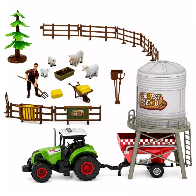 LEAN TOYS Set de granja con tractor, establo, silo, figuras, animales, herramientas - 49 piezas