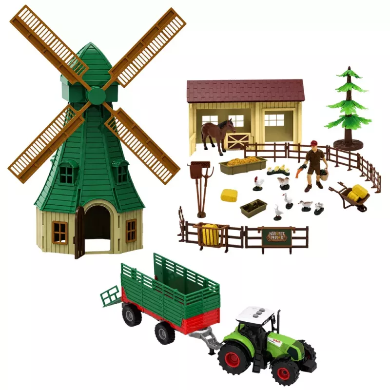 LEAN TOYS Set de granja con tractor, molino de viento, establo, remolque y figuras de animales, 45 piezas