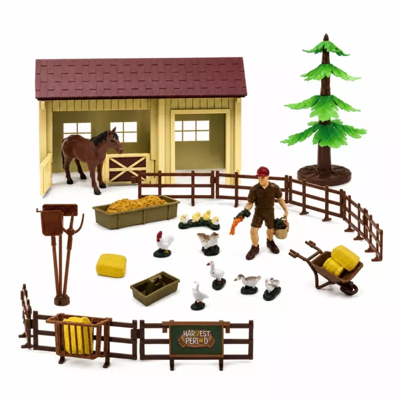 LEAN TOYS Set de granja con tractor, molino de viento, establo, remolque y figuras de animales, 45 piezas