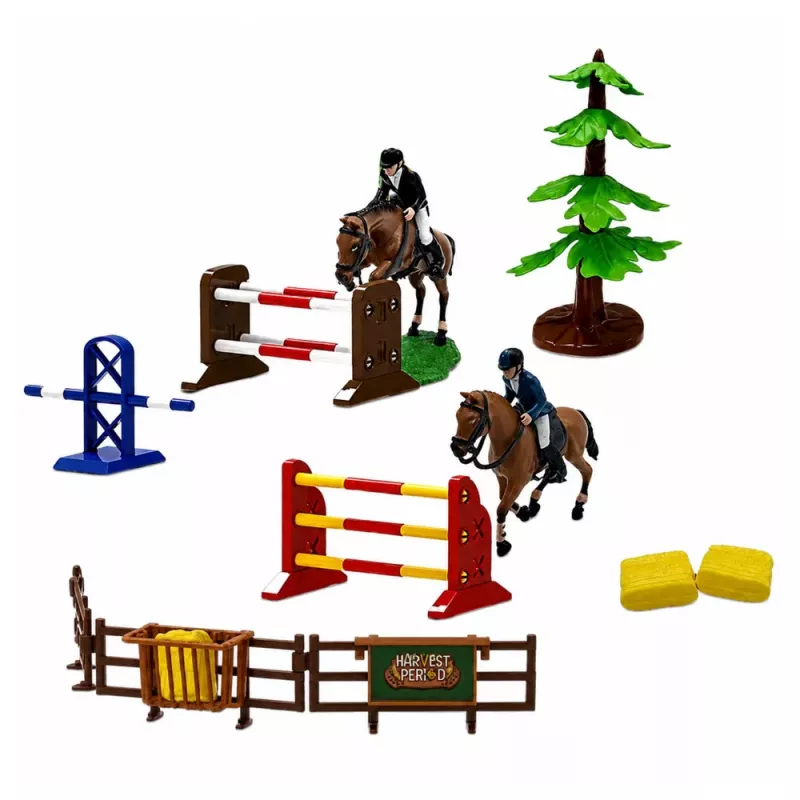 LEAN TOYS Set granja cuadra de caballos salto de obstáculos colinas figuras accesorios 69 piezas
