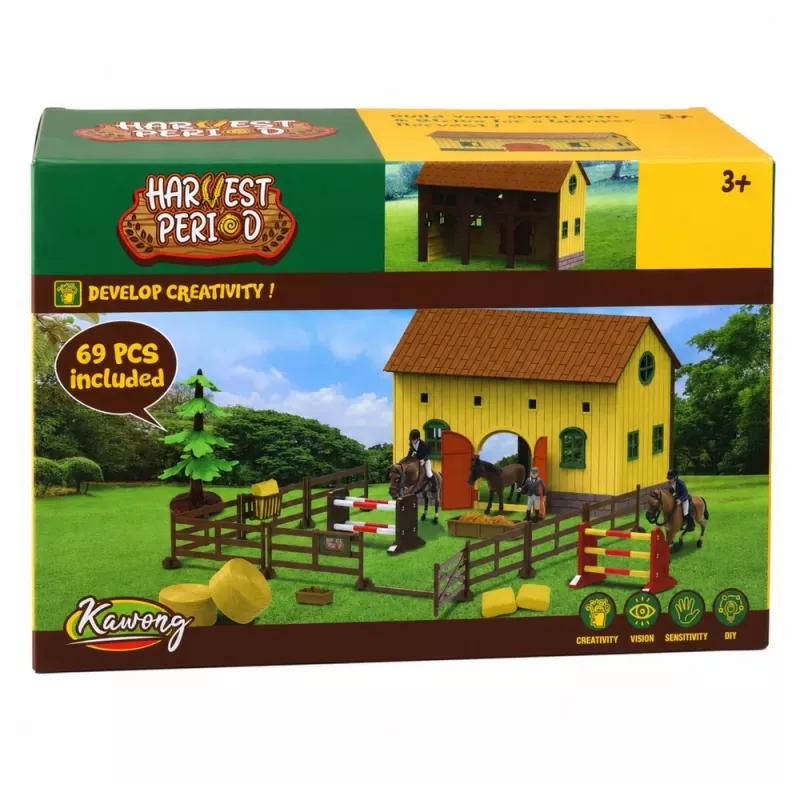 LEAN TOYS Set granja cuadra de caballos salto de obstáculos colinas figuras accesorios 69 piezas