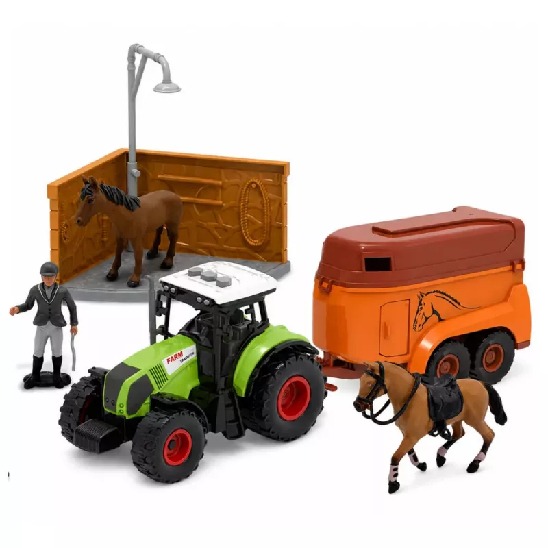 LEAN TOYS Set granja yeguada tractor circuito de obstáculos saltos colinas caballos figuras 72 uds.