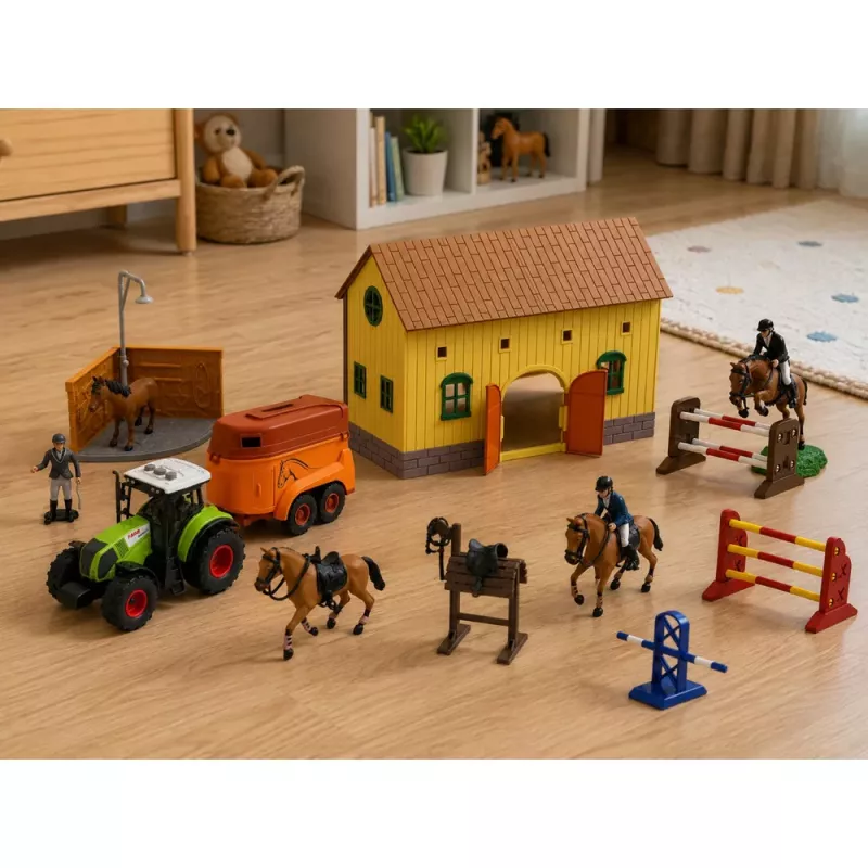 LEAN TOYS Set granja yeguada tractor circuito de obstáculos saltos colinas caballos figuras 72 uds.